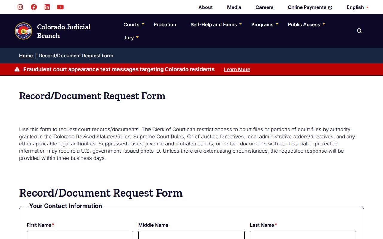 Colorado Judicial Branch court record request form