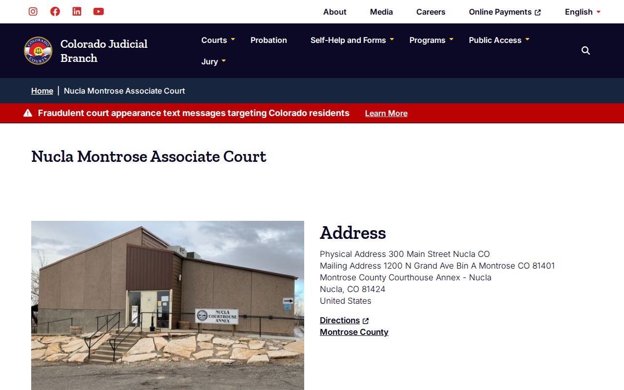 Official Colorado Judicial Branch page for the Nucla Associate Court