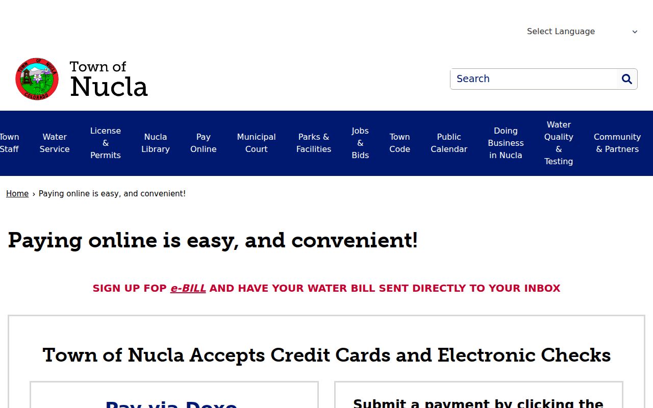 Town of Nucla online payment page listing fines and court costs among municipal payment categories