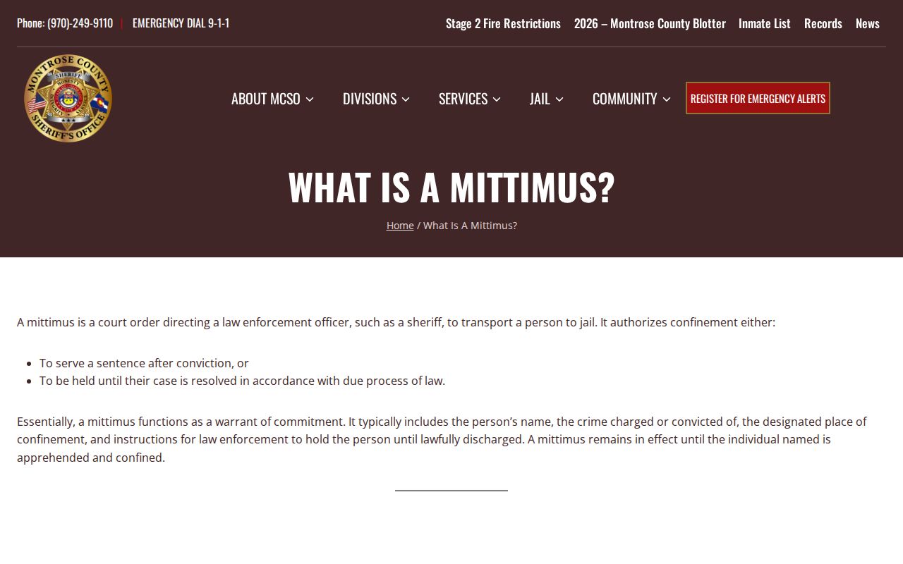 Montrose County arrest warrant mittimus surrender instructions