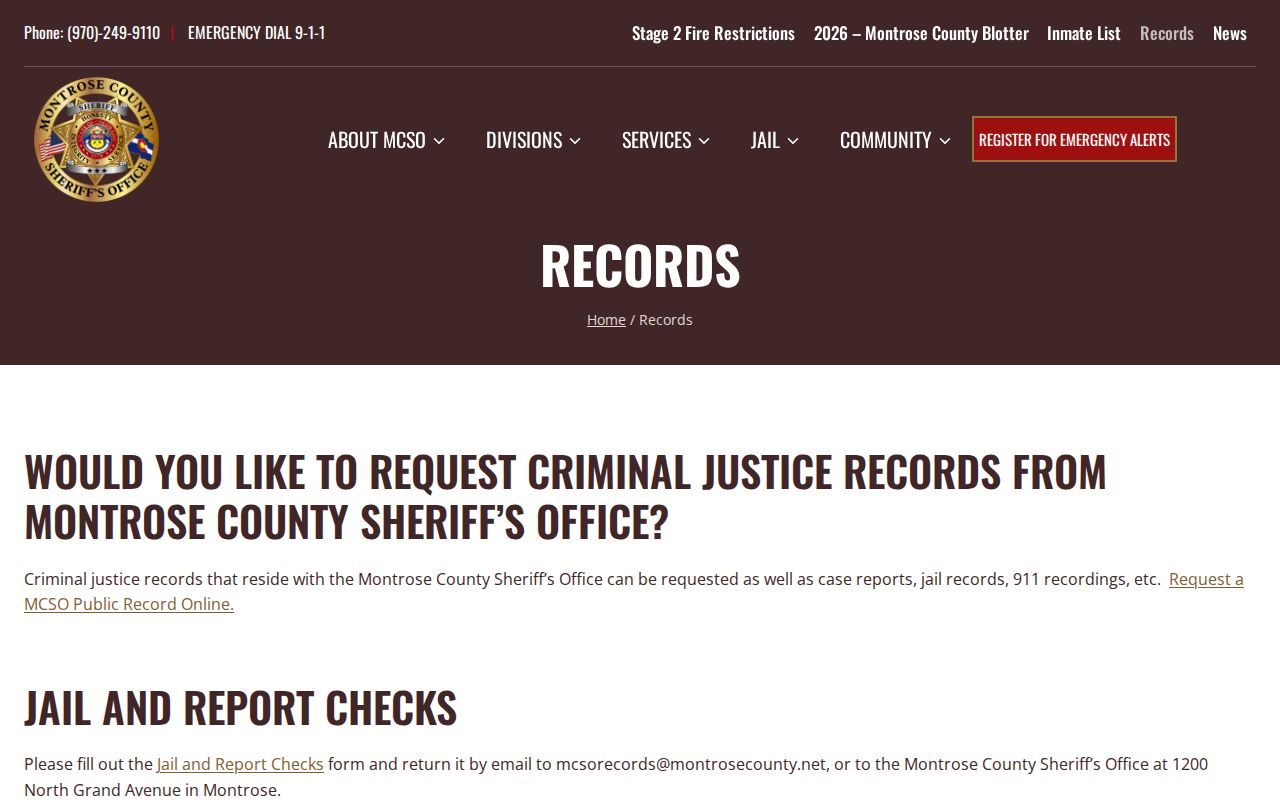 Montrose County Sheriff records page without an active warrant list