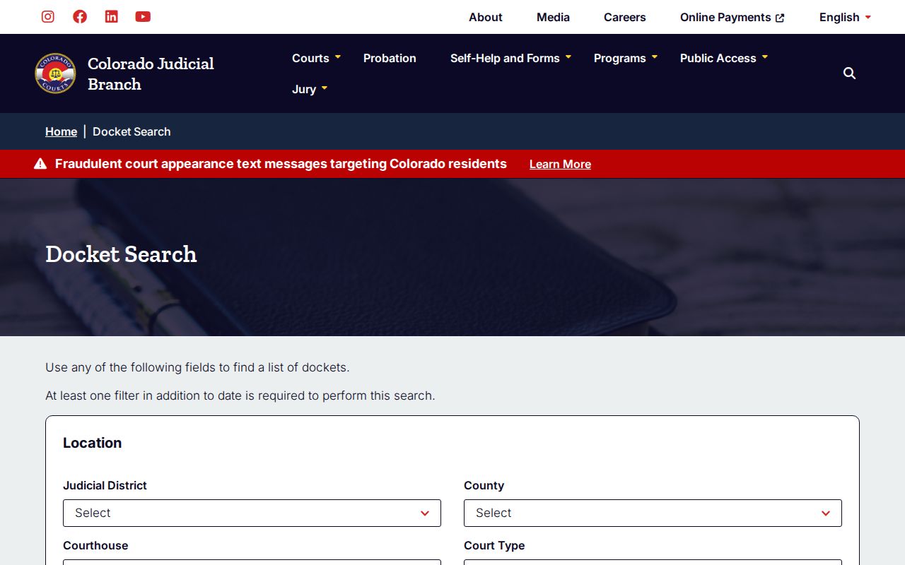 Colorado Judicial Branch docket search for Montrose County scheduling