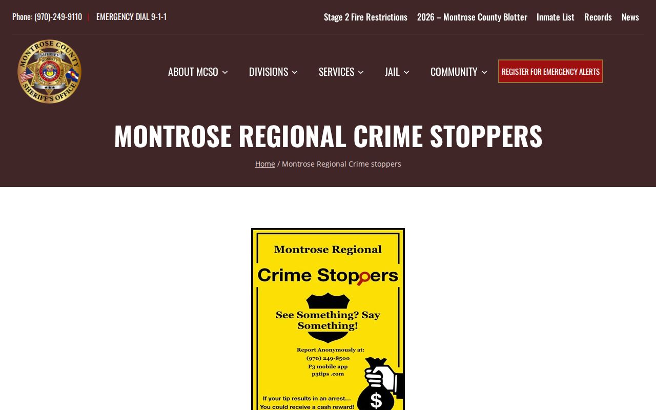Montrose Regional Crime Stoppers anonymous tip page