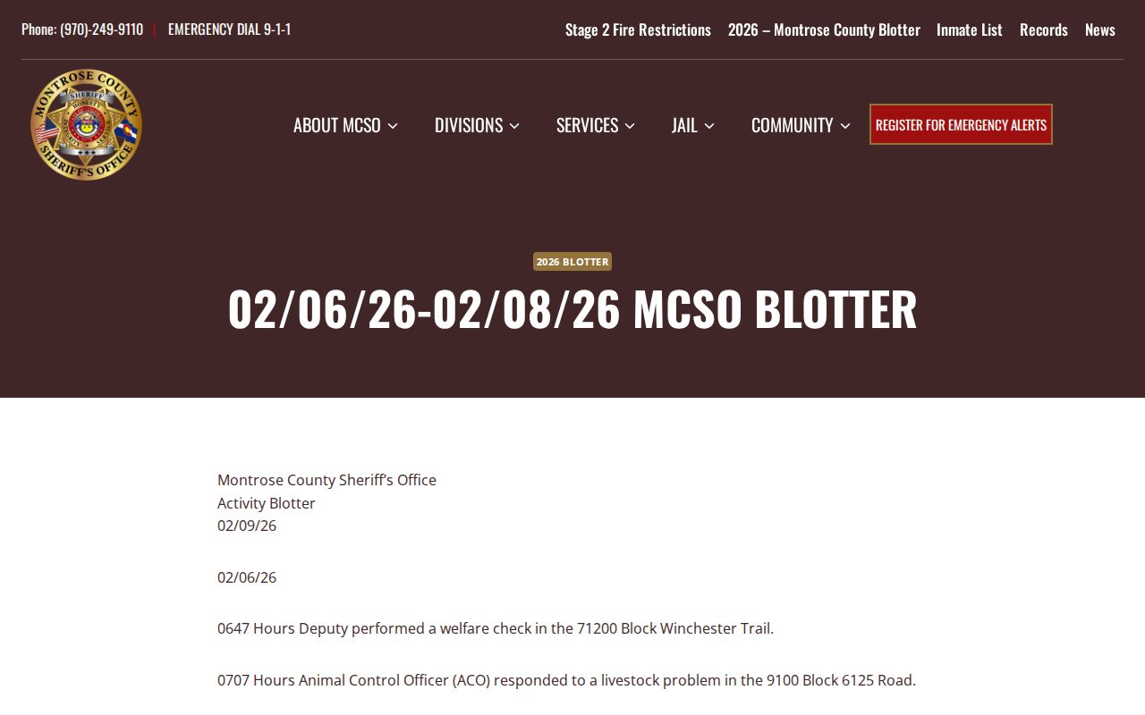 Montrose County Sheriff dated activity blotter page